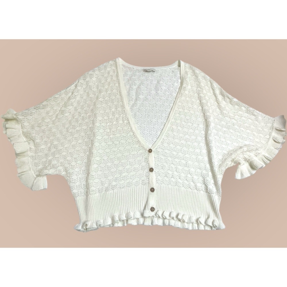 Est. 1946 Cardigan Sweater Women's Large Off White Open Knit Ruffle Short Sleeve